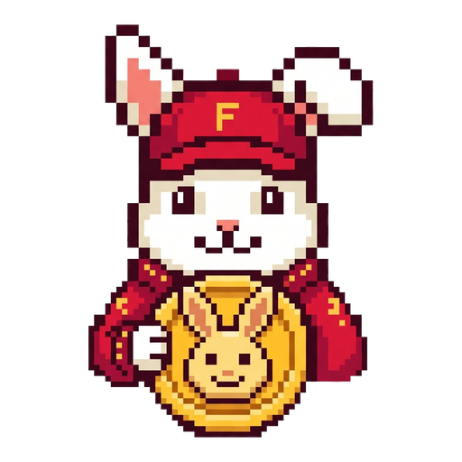 Logo Jogar Fortune Rabbit: coelho pixelado com boné vermelho e moeda dourada